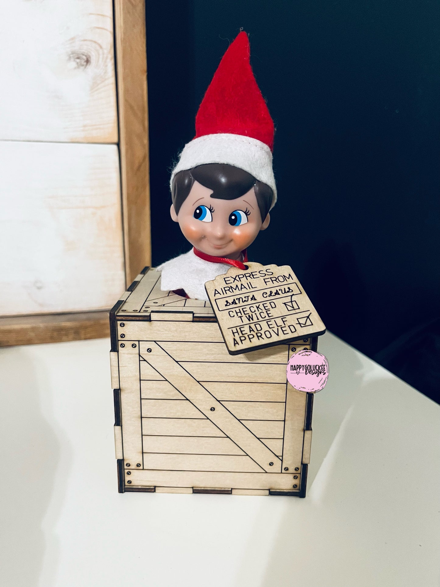 Elf delivery box with tag