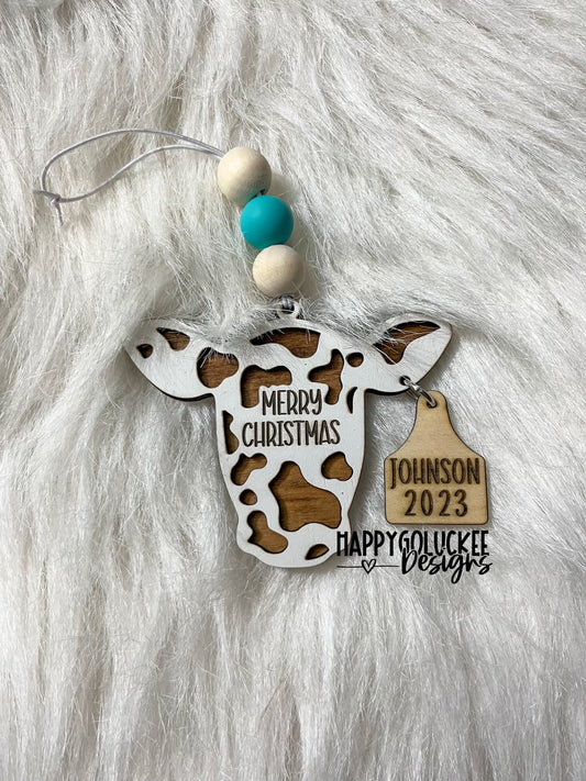 Cow w/ Personalized Ear Tag Christmas Ornament